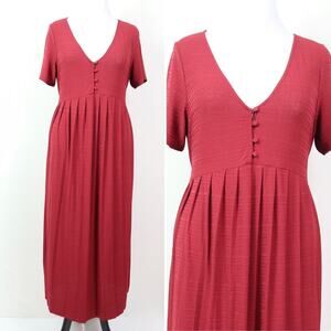 ASOS Size 14 Textured Button V-neck Dress MaxiTie Waist Rust Red